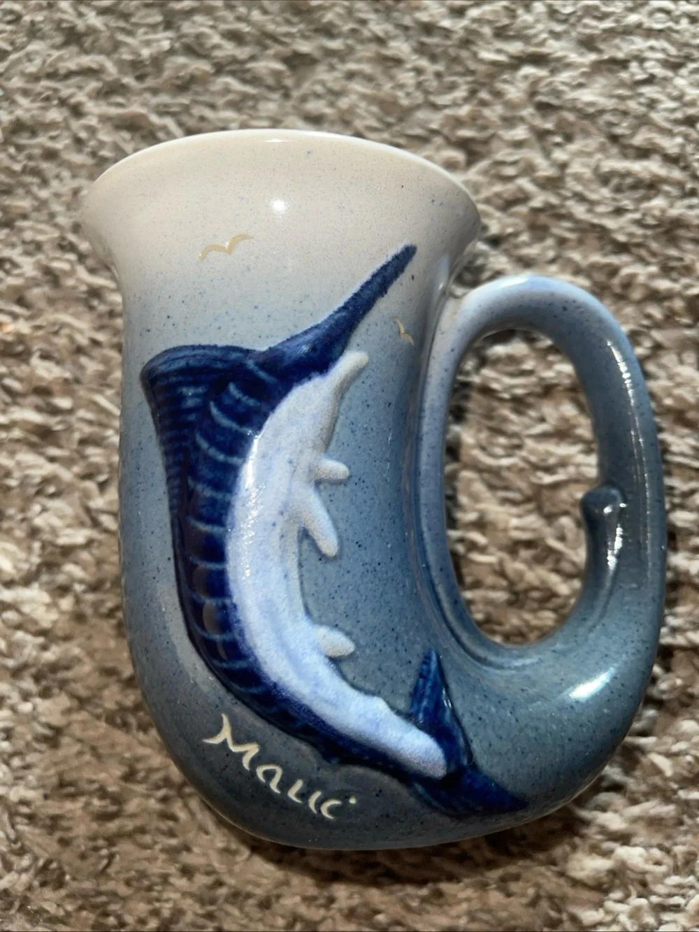 Blue Ceramic Mug with Swordfish Relief
